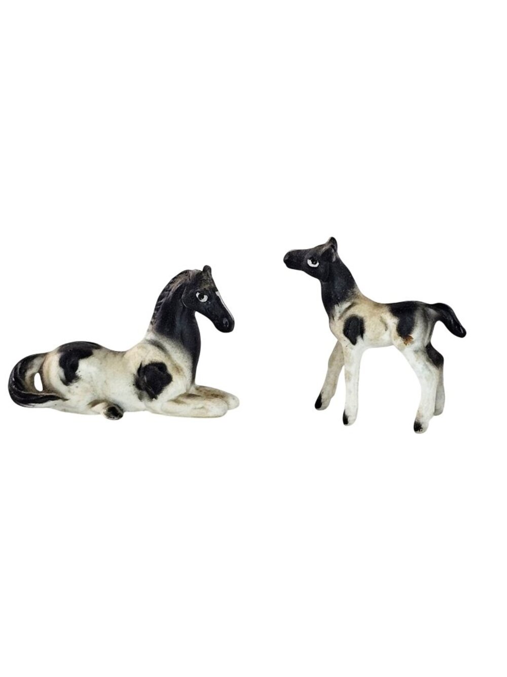 Vintage Bone China Japan Black White Pinto Horse Miniature Figurines *CHIP*